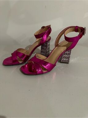 Betsy Johnson Hot Pink Metallic Strappy Block Heel Sandals | Statement Heel